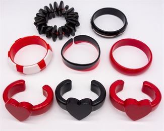 8 Vintage Plastic Red and Black Bracelets incl Hearts