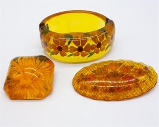 Vintage Reverse Carved Floral Painted Bakelite Jewelry