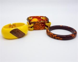 Vintage lot of 3 Bakelite Bracelets incl Wood Laminated
