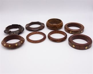 Lot 8 Vintage Wood Bracelets incl Heart Diamond Inlay