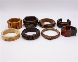 8 Vintage Mid Century Wood Bracelets w Carved Giraffe