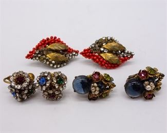 3 Pairs Vintage Miriam Haskell Jeweled Clip Earrings