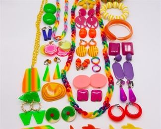 Vintage Lot Colorful Neon Earrings, Bracelets, Pins