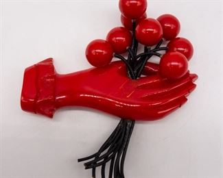 Vintage Red Bakelite Hand Holding Cherries Brooch
