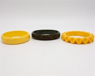 Vintage Lot of 3 Bakelite Bracelets Marbled, Carved