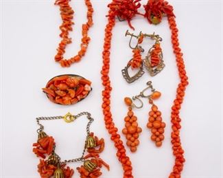 19c Coral Branch, Bead Jewelry incl Earrings Necklaces