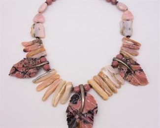 Carved Rhodonite Leaf Motif Sterling Silver Necklace