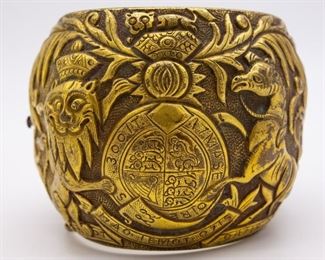 Vintage Chinese Brass Heraldic Hinged Cuff Bracelet