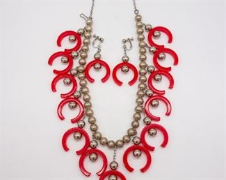 Vintage Red Bakelite and Metal Bead Necklace Earrings