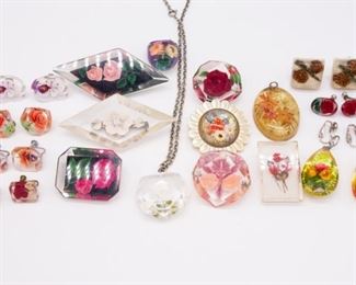 Vintage Lot Reverse Carved Painted Flower Jewelry