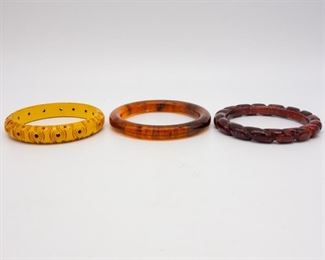 Vintage Lot of 3 Bakelite Bangle Bracelets incl Carved