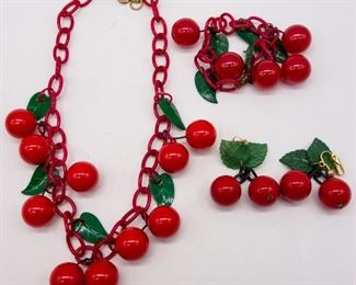 Bakelite Plastic Cherry Necklace Bracelet Earrings