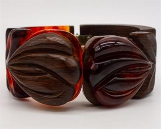Vintage Carved Bakelite and Wood Flower Hinged Bracelet