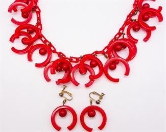 Vintage Bakelite, Plastic Red Necklace Earrings Suite