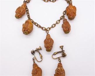 Chinese Carved Peach Pit Necklace and Earrings Set