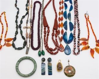 Vintage Beaded Carved Hard Stone Necklaces, Earrings