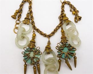 Antique Chinese Carved Dangle Turquoise Nugget Bracelet