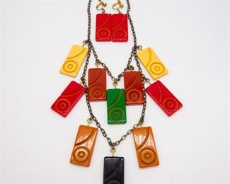 Vintage Carved Bakelite Panel Necklace Earrings Set