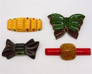 Vintage Lot 4 Carved Bakelite Wood Brooches