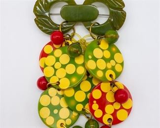 Vintage Bakelite Carved Polka Dot Dangle Brooch