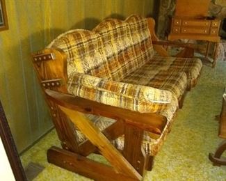 Country Americana plaid and wood sofa