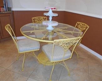 Metal  Dinette Set, Pedestal Table, 4 Chairs w/ Upholstered Seats