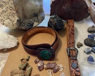 Sterling and 10k embossed belt
Malachite/sterling ,wood belt 
Petrified wood
Lg quartz crystal with black tourmaline 

