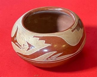 AS-IS Primitive Avanyu Red Pueblo Pot Redware Native American Pottery  San Ildefonso Santa Clara Pueblo	3.75x7in diameter	
