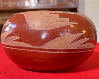 AS-IS Primitive Avanyu Red Pueblo Pot Redware Native American Pottery  San Ildefonso Santa Clara Pueblo	3.75x7in diameter	
