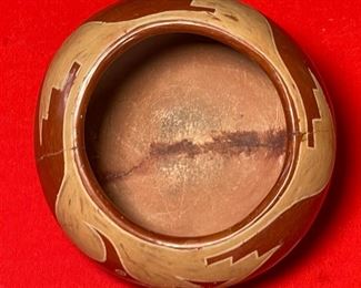 AS-IS Primitive Avanyu Red Pueblo Pot Redware Native American Pottery  San Ildefonso Santa Clara Pueblo	3.75x7in diameter	
