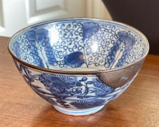 Antique Chinese Porcelain Bowl Blue & White w/ Metal rim	3.5in H x 7.5in Diameter	
