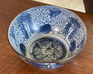 Antique Chinese Porcelain Bowl Blue & White w/ Metal rim	3.5in H x 7.5in Diameter	
