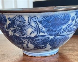 Antique Chinese Porcelain Bowl Blue & White w/ Metal rim	3.5in H x 7.5in Diameter	
