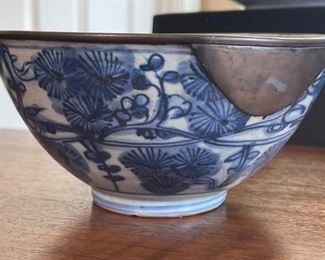 Antique Chinese Porcelain Bowl Blue & White w/ Metal rim	3.5in H x 7.5in Diameter	

