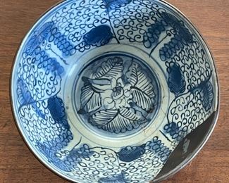 Antique Chinese Porcelain Bowl Blue & White w/ Metal rim	3.5in H x 7.5in Diameter	
