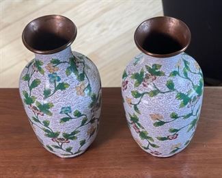 2pc Chinese Cloisonne Vases Cloisonné PAIR Enamel	9in H x 3in Diameter at rim	
