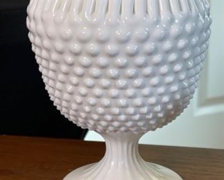 Fenton Milk Glass Ivy Bowl Hobnail Crimped Rim	7in H x 5.5in Diameter	
