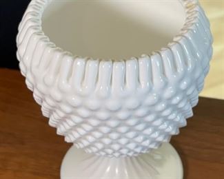 Fenton Milk Glass Ivy Bowl Hobnail Crimped Rim	7in H x 5.5in Diameter	
