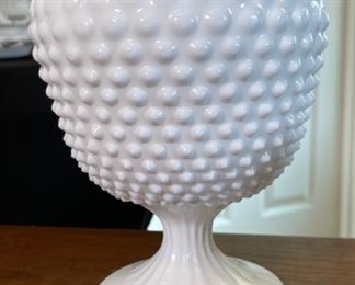 Fenton Milk Glass Ivy Bowl Hobnail Crimped Rim	7in H x 5.5in Diameter	
