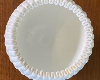 Fenton Milk Glass Ivy Bowl Hobnail Crimped Rim	7in H x 5.5in Diameter	
