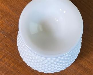 Fenton Milk Glass Ivy Bowl Hobnail Crimped Rim	7in H x 5.5in Diameter	
