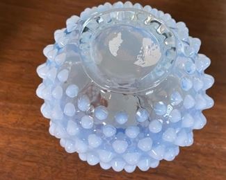 Fenton Moonstone Hobnail Opalescent White And Clear Bud Vase	5in H x 4in Diameter	
