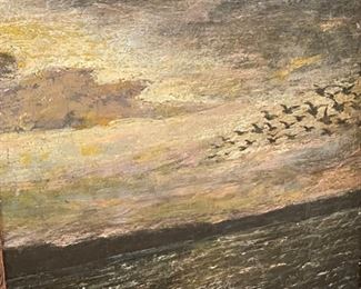 Antique Art Original  Oil Painting birds over water 	Frame: 16 x 13in	
