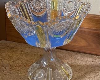 Antique Pedestal Bowl Blue Gold Clear	7.5 x 8.5” diameter	
