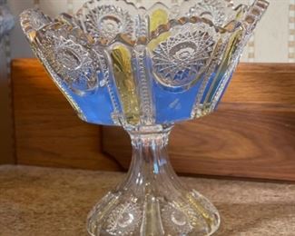 Antique Pedestal Bowl Blue Gold Clear	7.5 x 8.5” diameter	
