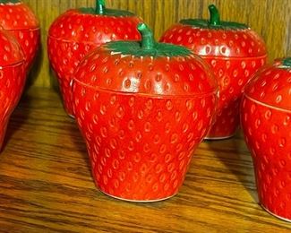 6pc Vintage Hazel Atlas Milk Glass Red Strawberry jam pot, jar w/ lid	4 x 3.5	
