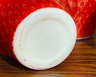 6pc Vintage Hazel Atlas Milk Glass Red Strawberry jam pot, jar w/ lid	4 x 3.5	
