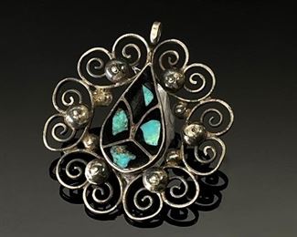 Native American Sterling Silver, Jet &  Turquoise Pendant Signed	47x42mm	
