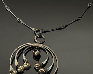 Vintage Sterling Silver Tigers eye Necklace Israel 925 Modernist	25in Long Centerpiece : 57x60mm	
