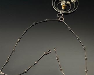 Vintage Sterling Silver Tigers eye Necklace Israel 925 Modernist	25in Long Centerpiece : 57x60mm	
